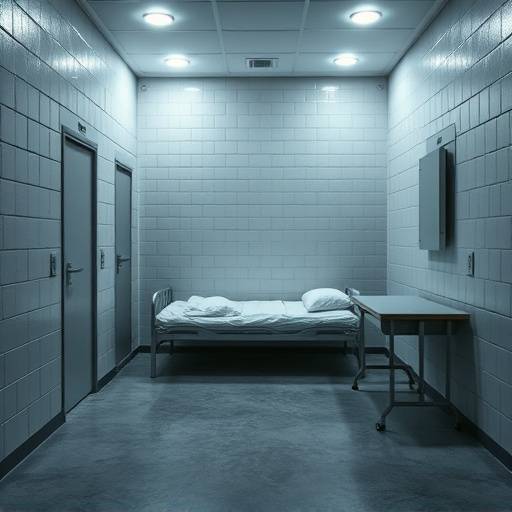 Celda penitenciaria moderna con cama y escritorio